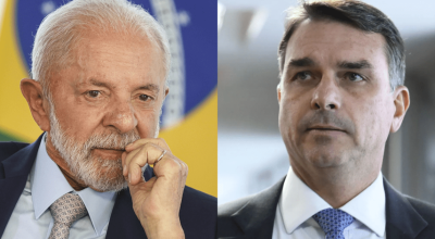 O presidente Lula, à esquerda, e o senador Flávio Bolsonaro, à direita  • Reprodução