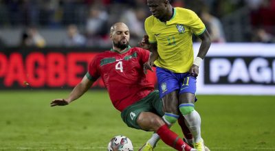 Amrabat e Vini Jr disputam bola no amistoso entre Brasil x Marrocos  • Photo by Alex Caparros/...