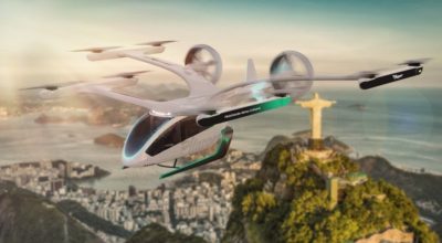 Ilustração da aeronave elétrica de pouso e decolagem vertical (eVTOL, no acrônimo em inglês)...