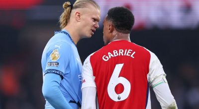 Haaland e Gabriel Magalhães discutiram em jogo da Premier League  • Foto: Robbie Jay Barratt ...
